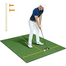 COSTWAY Golf Hitting Mat, 5 x 4 FT Artificial Turf Mat with 2 Rubber Tees and 2 Alignment Sticks, Golf Training Mat for Home Backyard Garage