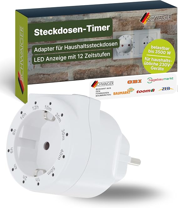 Schwaiger - 661569 Mechanical Timer Intermediate Socket Timer 12 Time Settings Analogue White Timer