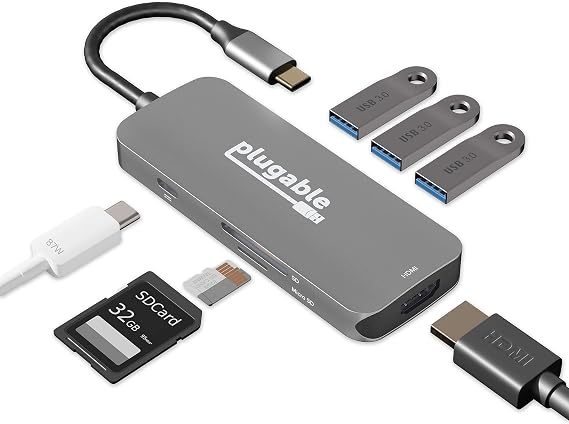 Plugable USB-C Hub 7-in-1 for Single HDMI Display, Driverless Hub