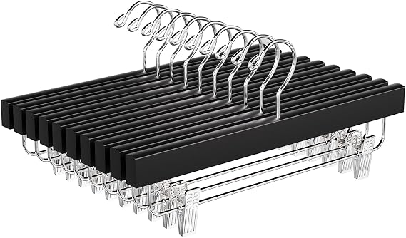 BAGAIL 10 Pack Wooden Pants Hangers with Adjustable Clips, 360Swivel Hook Space Saving Skirt Holders with Anti-Rust Clips for Trousers, Jeans, Shorts (Black)