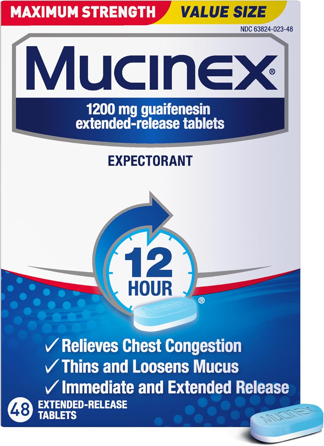 Mucinex 12 Hour Maximum Strength 1200 mg Guaifenesin Extended-Release Tablets for Excess Mucus Relief, Expectorant Aids Excess Mucus Removal, Chest Congestion Relief, 48 Tablets