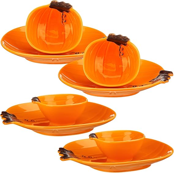 Maxcheck 8 Pcs Ceramic Pumpkin Plate Bowl Fall Dinnerware Set, Orange