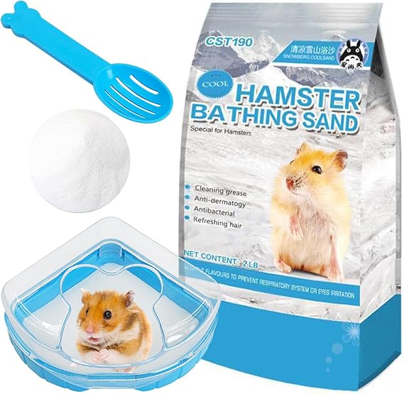 kathson Hamster Sand Bath Kit, 2LB Bathing Sand for Gerbils with Plastic Sandbox Chinchilla Cleaning Powder Dust Free Small Animals Showering Sand for Rodent Mice Rat Mouse