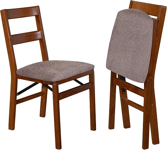 Stakmore Slat Back Wooden Folding Chairs with Padded Seats, Set of 2 - No Assembly Foldable Dining Chairs, Steel Folding Mechanism, Upholstered Cushion, Space-Saving, Fruitwood Frame