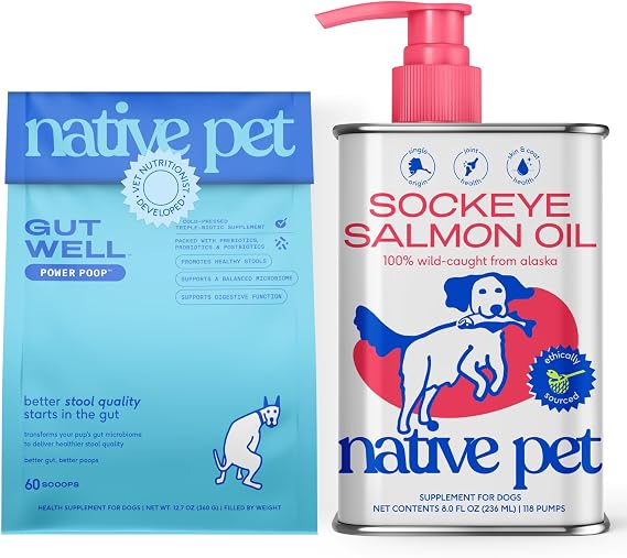 Native Pet Healthy Belly, Shiny Coat Bundle: 60 Scoops GutWell Power Poop - Digestive Enzymes & Fiber for Dogs & 8 Oz. Salmon Oil for Dogs & Cats Pure Omega-3 Fish Oil for Overall Health