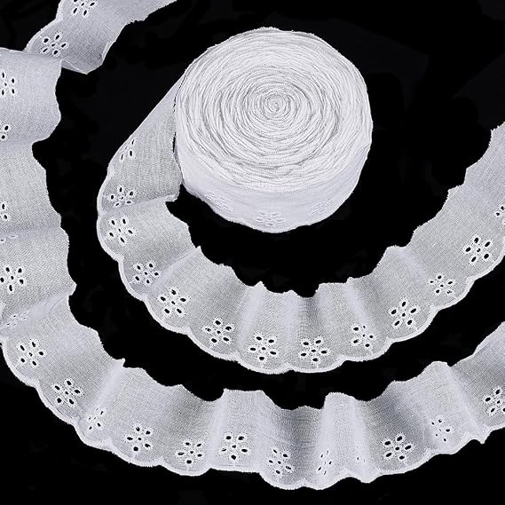 FINGERINSPIRE 15 Yards Cotton Lace Trim 1-5/8 inch White Cotton Eyelet Lace Ribbon Floral Embroidery Ruffle Trim Wavy Edge Floral Ribbon for Sewing Dresses Clothes Bag Pets Clothes