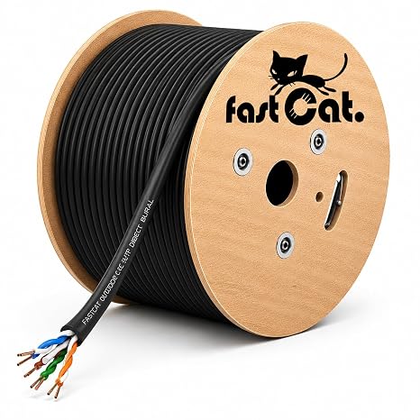 fast Cat. Cat6 Direct Burial Outdoor Bulk Ethernet Cable 500ft - Waterproof, 100W, 23AWG Solid Copper Conductors & OSP Jacket - CMX, UTP 550MHz, PoE++ (4PPoE), ETL & UL Listed (Black)