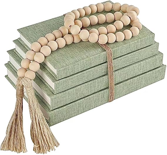 Linen Covered Decorative Books 4 Pieces, Neutral Home Decor Coffee Table Books with Wooden Beaded Tassel, Stacked Books for Rustic Farmhouse Modern, Boho, Bookshelf, Fireplace Mantel Decor, Sage