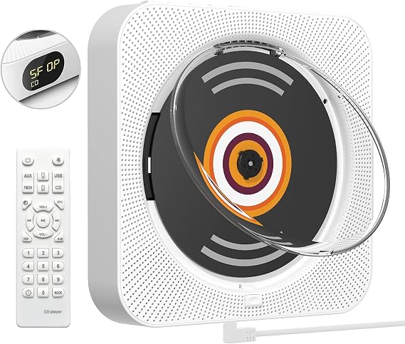 Portable CD Player, Upgrade Wall Mount CD Player, Bluetooth Home Audio with Dust Cover/Remote Control, LED Screen, Built-in Hi-Fi Speaker, Support CD/Bluetooth/FM Radio/U Disk/SD Card/AUX