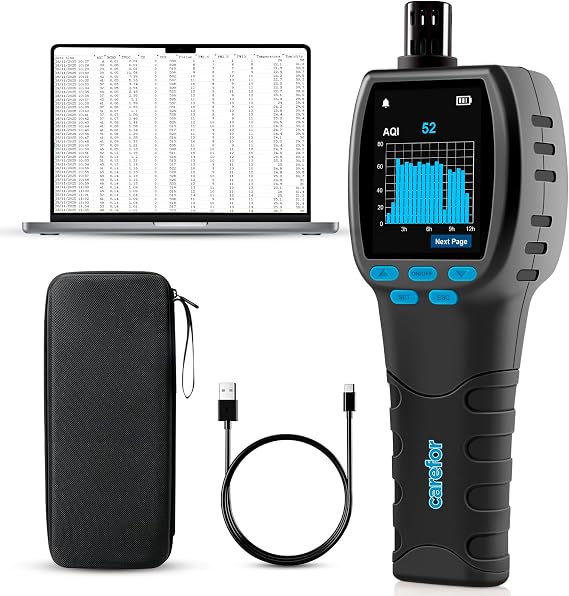 CF‑60 PP Air Quality Monitor with On‑Device Data Charts and Exportable Reports, Portable 16‑in‑1 Detector for AQI, CO2, TVOC, HCHO, PM2.5/10/1.0, Pollen etc. Professional Air Analyser