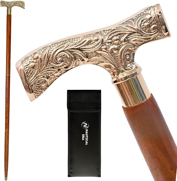 Derby Walking Cane- 37" Foldable Wooden Stick for Men and Women with a Golden Tone Brass T-Shape Handle Handmade Ebony Canes for Seniors, Comfortable and Natural Wood Unisex Cane Best Gift