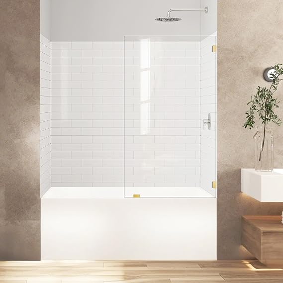 Frameless Fixed Bathtub Screen, 34" W x 58" H Bath Panel with Clamps,1/4" Clear SGCC Tempered Glass with Dual Nano Coating, Easy to Clean, Reversible Installation,Brushed Gold