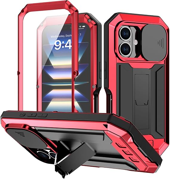 Case for iPhone 16 Pro Max/16 Pro/16 Plus/16, Slide Camera Protection Aluminum Metal Silicone Military Heavy Duty Shockproof Full Body Case with Built-in Screen Protector