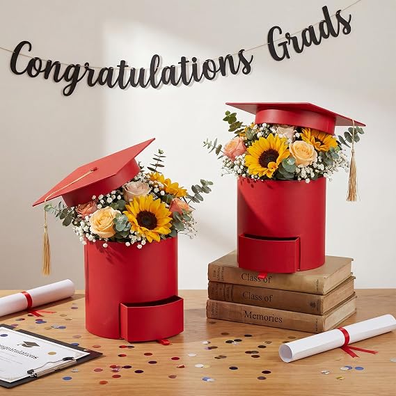 Weekgrat 2 Pack 2026 Graduation Cap Candy Box Class of 2026 Graduation Cap Flower Gift Boxes, 6.9 x 6.4 in Empty Container for Grad Ceremony Party Activities Celebrations(Red,Round)