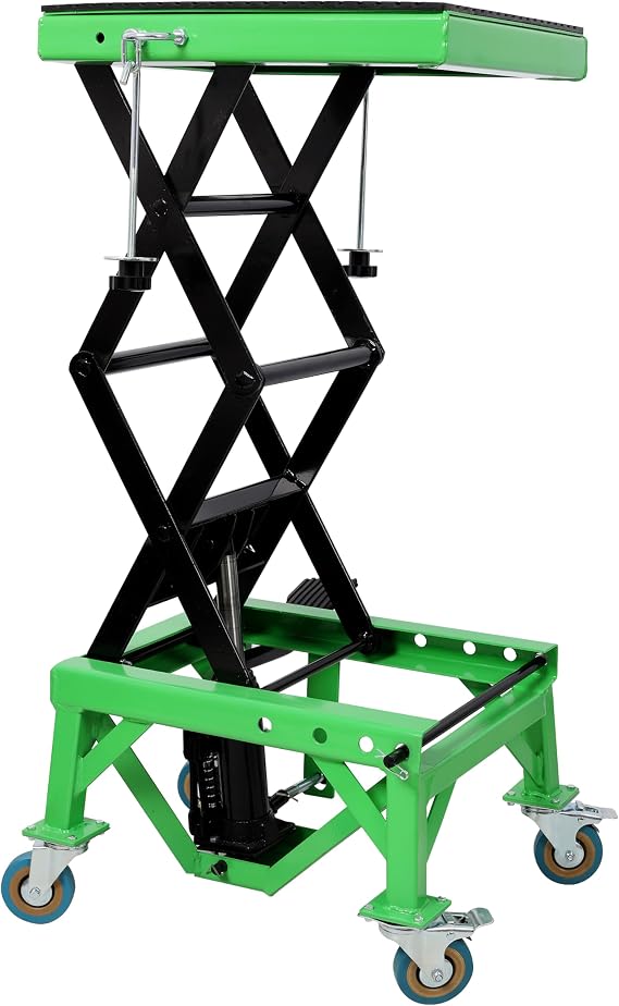 350LB Hydraulic Motorcycle Scissor Jack Lift - Heavy Duty ATV/Dirt Bike Stand with 4 Wheels & Foot Pedal - Adjustable Height & Locking Safety Pin for Maintenance (Green)