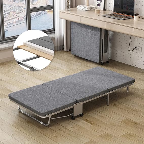 Folding Bed, Compact, Single Cot, Folding Indoor, Mattress Included, Folding Bed, Lightweight, Compact, No Assembly Required, With Casters L x W x H: 70.9 x 31.5 x 9.4 inches 180 x 80 x 24 cm