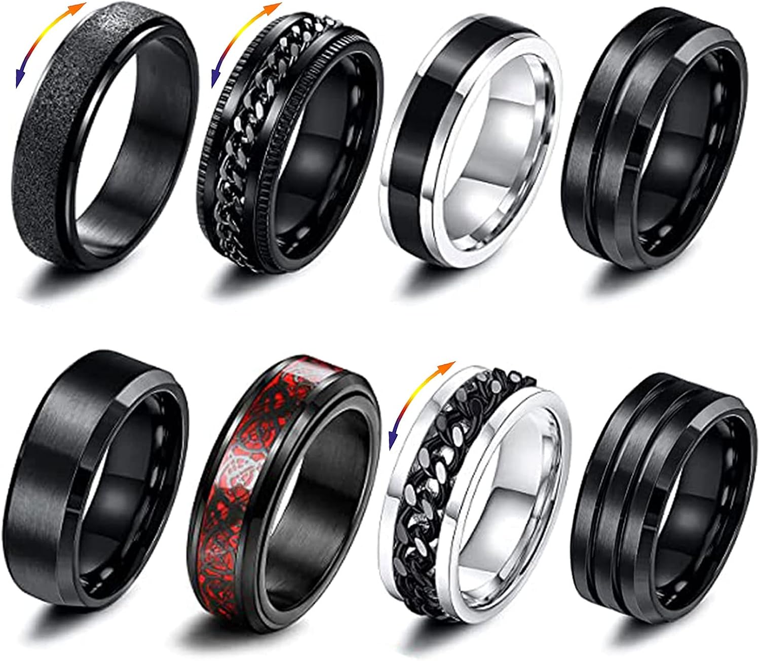 GoPaw Men Stainless Steel Spinner Ring 8 Pcs Black Fidget Band Rings Cool Twisted Chain Anxiety Rings Men Rings Black Spinner Ring Set for Men Women Size N12 P12 R12 Gift for Father's Day