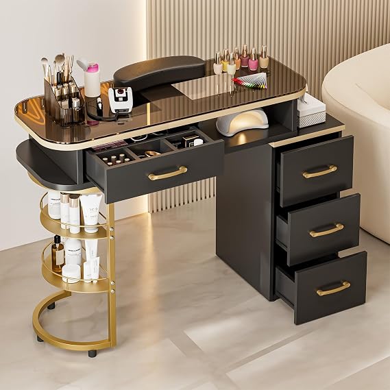 Paddie Manicure Table for Nail Tech, Glass Top Nail Desk Station w/4 Drawers & 2-Tier Storage Shelves, Salon Beauty Workstation Acetone Resistant w/Wrist Cushion, Golden Handles (Black)