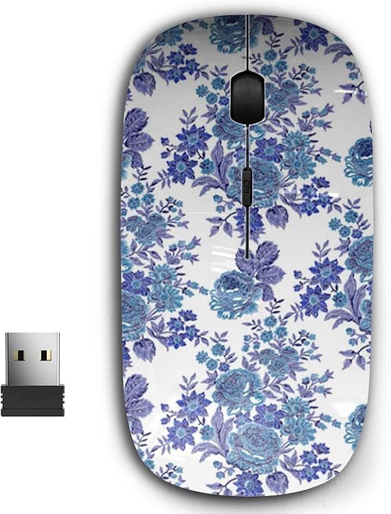 2.4G Ergonomic Portable USB Wireless Mouse for PC, Laptop, Computer, Notebook with Nano Receiver (Blue Embroidered Floral)