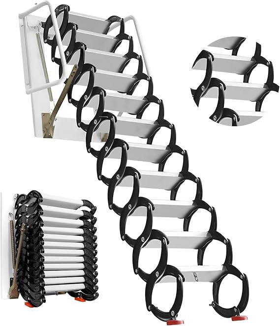 Wall Mounted Attic Ladder, 12 Steps Attic Stairs, Retractable Collapsible Stairs, Extension Steps Ladder with Armrests, Telescoping with Pulldown System