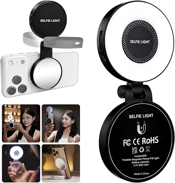 Magnetic Selfie Light with Mirror for iPhone, 800mAh Rechargeable & 360 Rotating & Foldable Portable LED Ring Fill Light for Makeup, Selfie, Photography, Vlog (Black)