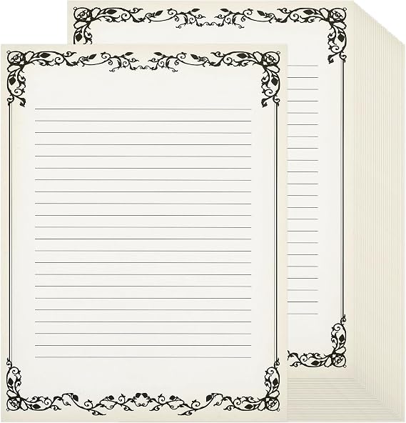 Sabary 200 Sheets Lined Stationary Writing Paper 8.5 x 11 Inch Fancy Vintage Stationery Letters Paper Lined Antique Retro Sheets for Letters Invitations Resume(Black)