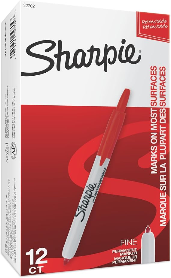 Sharpie Retractable Permanent Markers, Fine Point, Red, 12 Count - Home, School, Office, Teacher Supplies