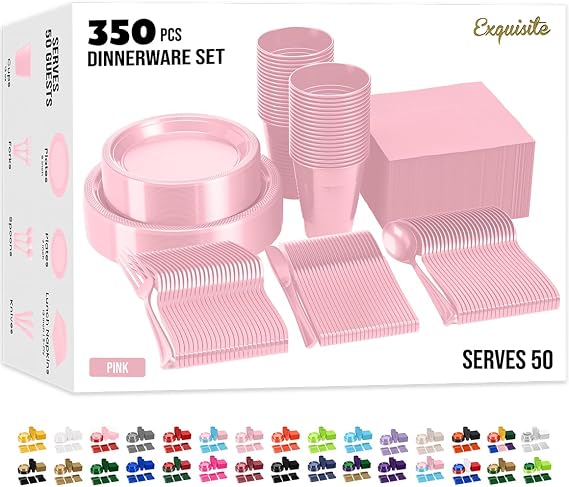 350 Pcs Pink Plastic Plates For Party, Pink Disposable Plates Set, 50 Of Each 9" Dinner Plate Set, 7" Dessert Plate, Cups, Napkins & Cutlery Plastic Dinnerware Set Exquisite