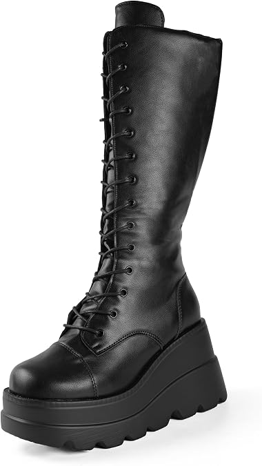 Gothniero Women Black Platform Goth Boots Mid Calf with Heel Knee High Boots Winter Chunky Heel Punk Rave Boots Girls Lace Up Combat Booties Size 5.5-11