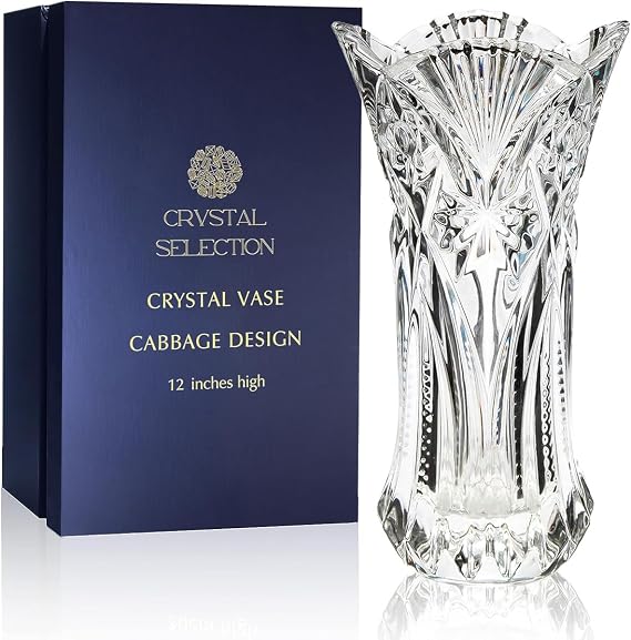CS Crystal Vase 12-inch high, Cabbage Design, for Flowers & Decor. Lovely Nice Shiny Piece. Perfect as a Gift, Suitable for All Occasions