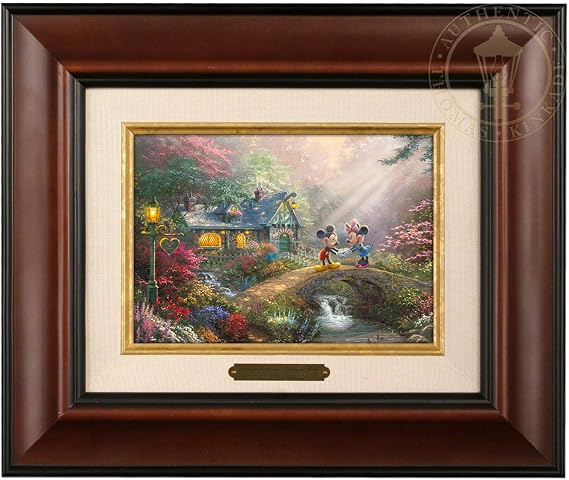 Thomas Kinkade Studios Mickey and Minnie Sweetheart Bridge 5 x 7 Brushwork (Burl Frame)