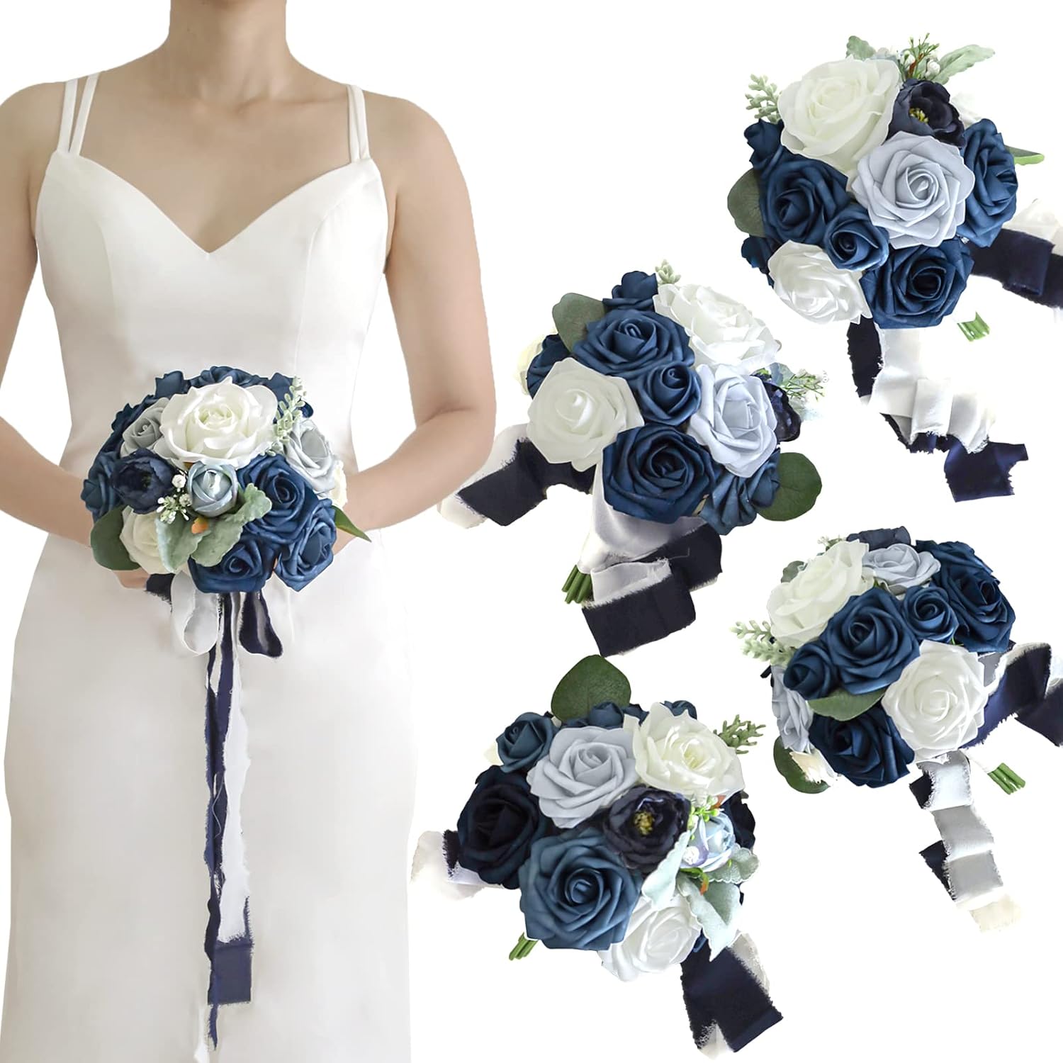 Lookein Set of 4 Bridesmaid Bouquet 7 Inch Artificial Flowers Bridal Bouquet Tossing Bouquet for Wedding Ceremony Anniversary Bridal Shower, Classic Navy Blue
