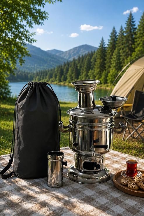 Paslanmaz Çelik Krom Semaver 4.5 Litre - Çantalı - Kömür & Odun Semaveri
