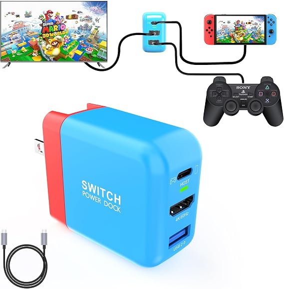 TreasLin Switch Dock, PD 36W USB-C/HDMI Switch Adapter or Switch-OLED TV Dock Station 4K 60Hz HDMI Charger Adapter Portable Switch Charger Accessory, Red and Blue