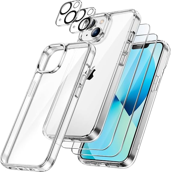 JETech 5 in 1 iPhone 13 Case Only for 6.1 inch LCD Protection 2 Film + 2 Camera Lens Film No Yellow Full Protection Tempered Glass Film Shockproof Cover Clear