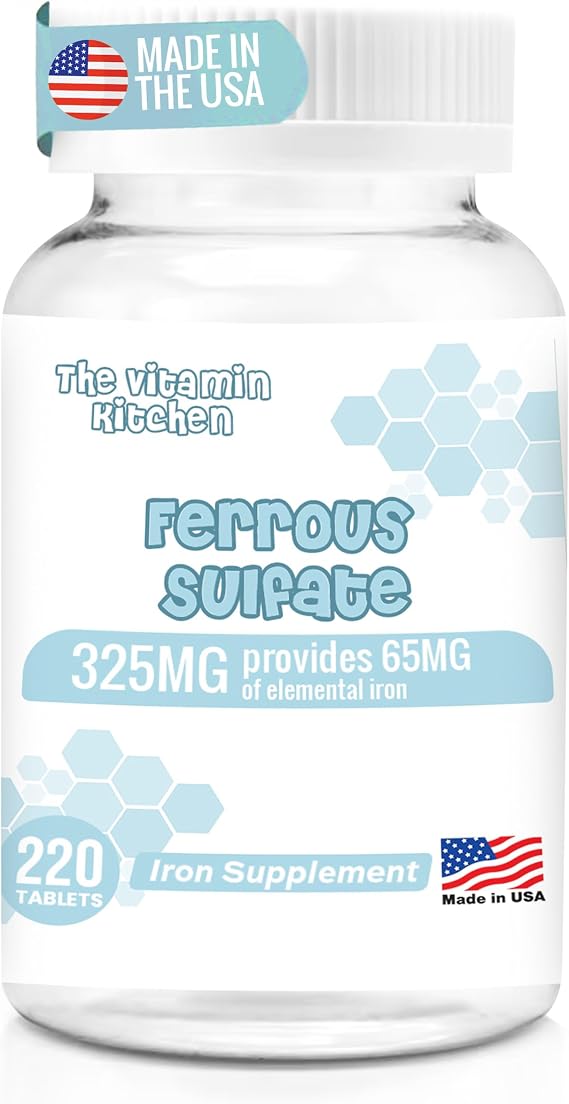 The Vitamin Kitchen Ferrous Sulfate 325 mg (65 mg Elemental Iron) High Potency Iron Supplement - High Potency Iron Pills for Red Blood Cells - No Artificial Color Additives - 220 Tablets Made in USA
