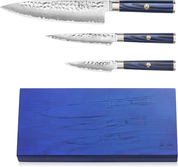 Cangshan KITA Series 3-Piece Starter Knife Set (8" Chef + Serr. Utility + 3.5" Paring) High Carbon X-7 Damascus Steel Blades with Ash Wood Box, 501530 (3pc)