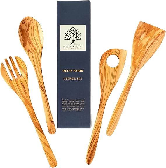 Zeytin Ağacı El Yapımı 4 Parça Mutfak Seti, Ahşap Kaşık, Çatal, Spatula, Delikli Spatula 30 cm.