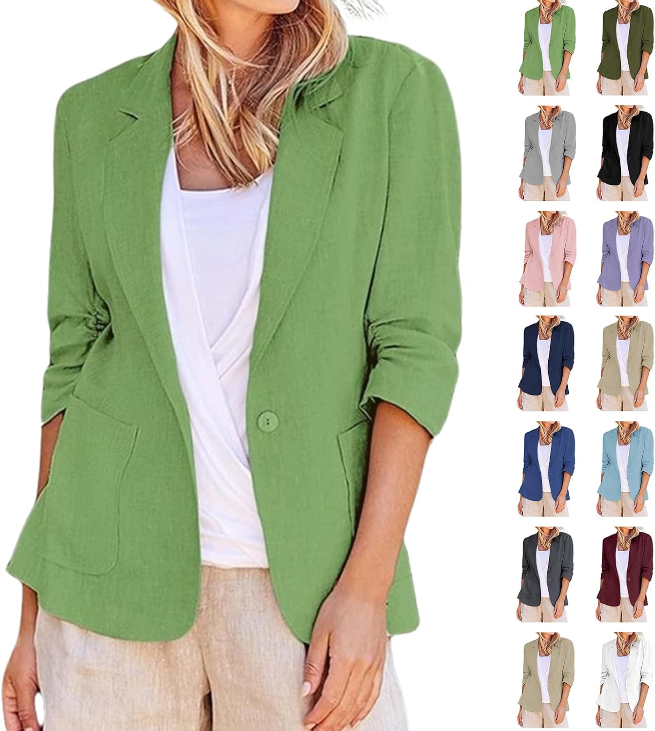 Linen Blazer Women Summer Lightweight Button 34 Sleeve Blazers for Women Business Casual Suit Jacket with Pockets