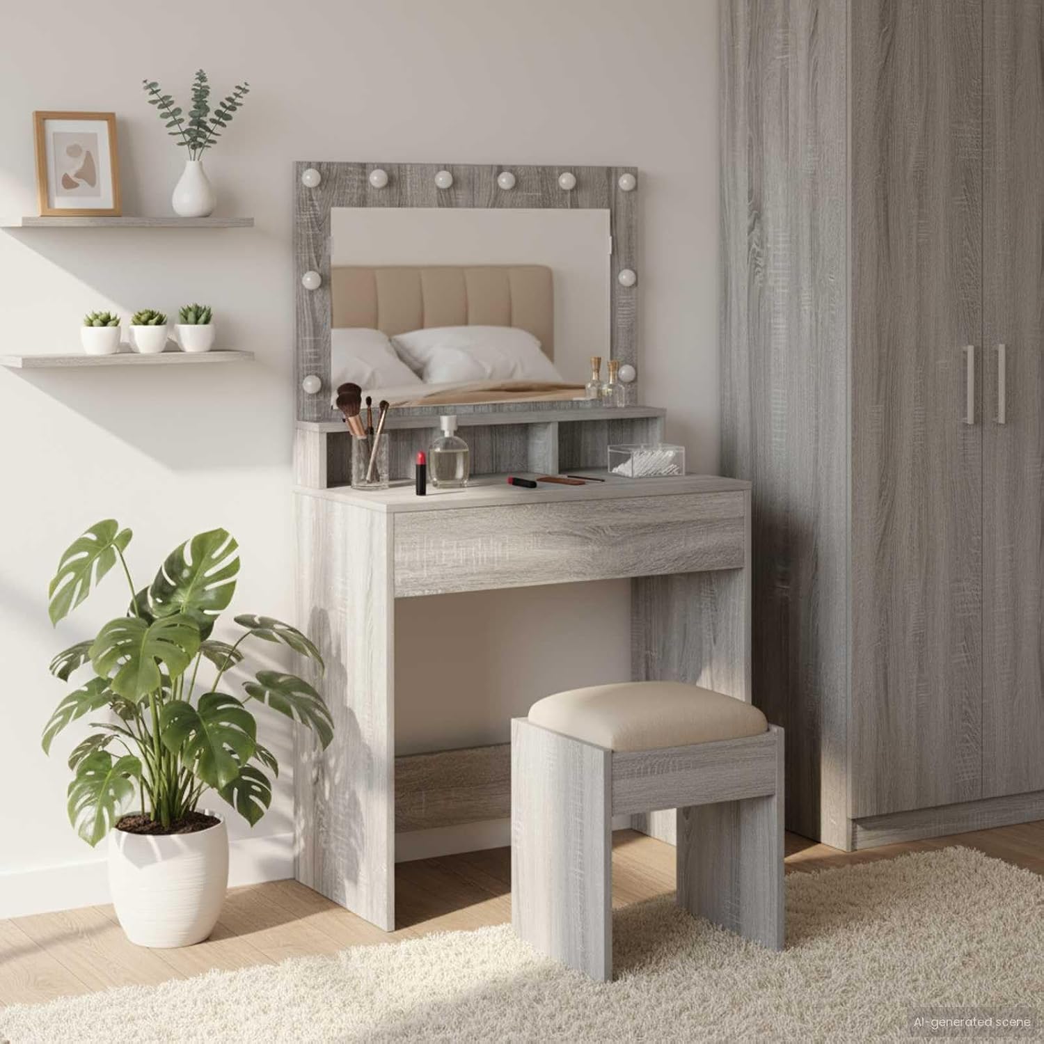 Modern Dressing Table Grey Sonoma Engineered Wood, 75.5x41x135 cm Vanity with LED Mirror Lights, Storage Shelves for Bedroom