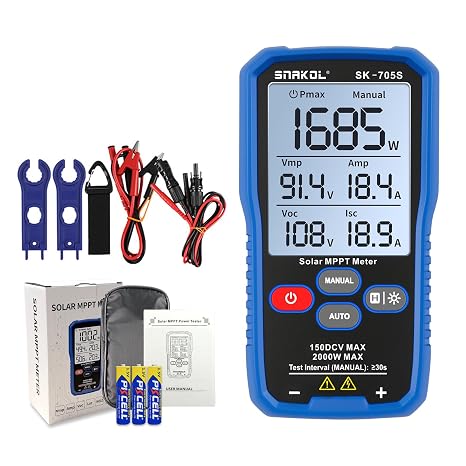 Solar MPPT Power Tester for Photovoltaic Modules, 2000 W, 150 V DC Max, 45 A, Automatic & Manual Power Measurement, Voc Isc Vmp Pmax, 3.2" LCD with Backlight, Portable PV Tester (SK-705S)