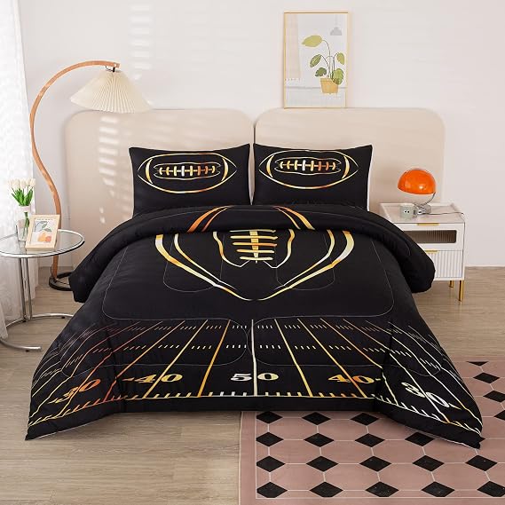 MWMWMW Football Comforter Set Full, Full Size Comforter Set for Boys, Black and Gold Sports Bedding Set for Boys Girls Teens, 3-Pieces Ultra Soft Football Bedding with 2 Matching Pillowcases
