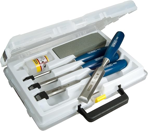 STANLEY 4 Piece Chisel Set Includes 6 12 18 25 mm High Carbon Steel Blade Chisels with Sharpening Stone and Oil 0-16-130