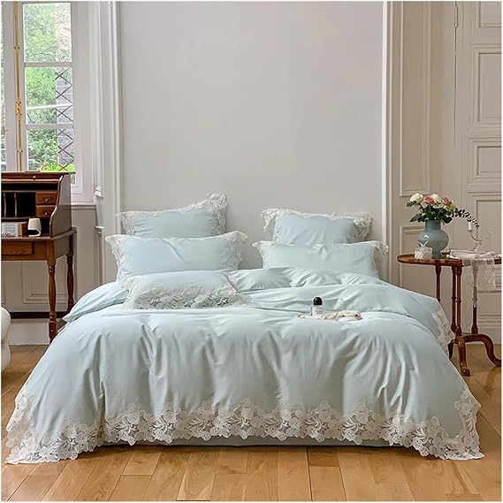 Egyptian Cotton Lace Embroidery Luxury Bedding Set Sweet Princess Wedding White Duvet Cover Bed Sheet Pillowcases,All Season,Blu,King Size 4pcs