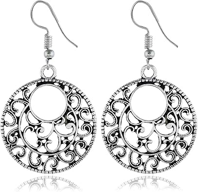 KaFu Bohemian Vintage Handmade Lightweight Silver Hollow Dangle Drop Earrings Gypsy Lightweight Filigree Disc Charm Ethnic Tribal Hoop Earrings for Women Girls