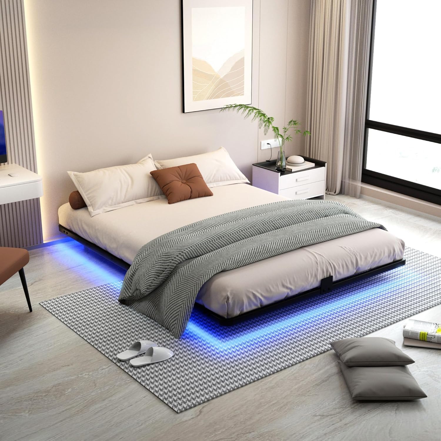 Queen Floating Bed Frame Queen Size with LED Lights Metal Platform Bed No Box Spring Needed