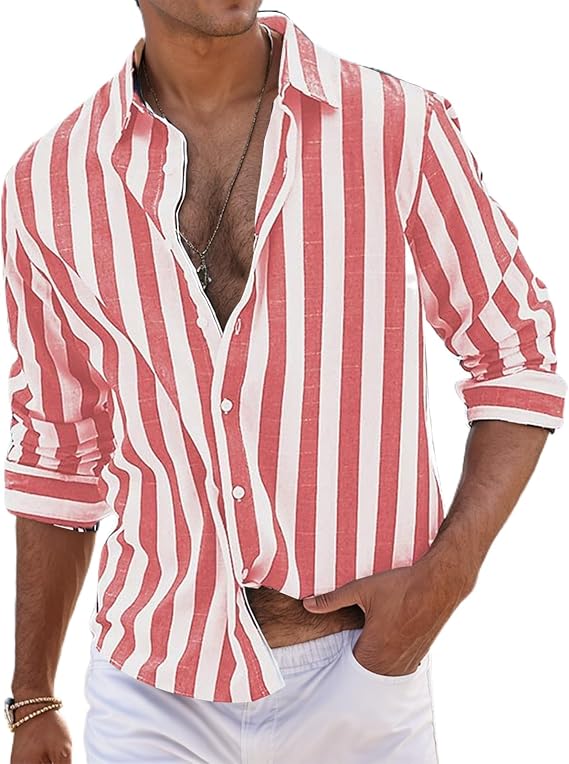 Button Down Linen Shirts for Men Striped Loose Fit Casual Long Sleeve Tops Cotton Linen Spring Summer Beach Shirts