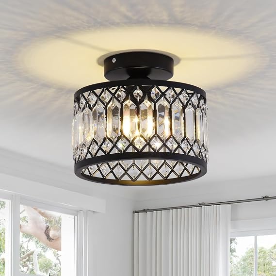 GreeLustr Crystal Black Ceiling Light Fixture Modern Semi Flush Mount