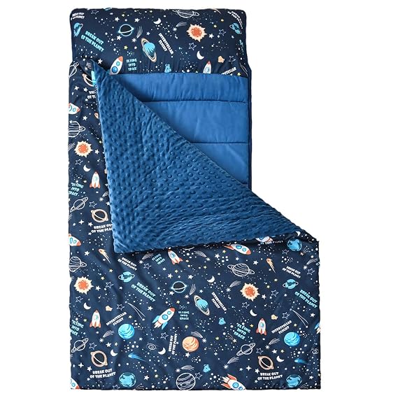 MWMWMW Space Toddler Nap Mat, Kids Sleeping Mat with Removable Pillow & Soft Minky Blanket, Kids Sleeping Bag for Daycare, Preschool & Travel