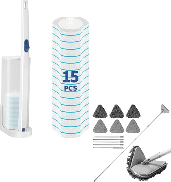 BOOMJOY Cleaning Bundle, Disposable Toilet Brush with 15 Cleaning Pads & 3-in-1 Wall Cleaner Mop with Swivel Head